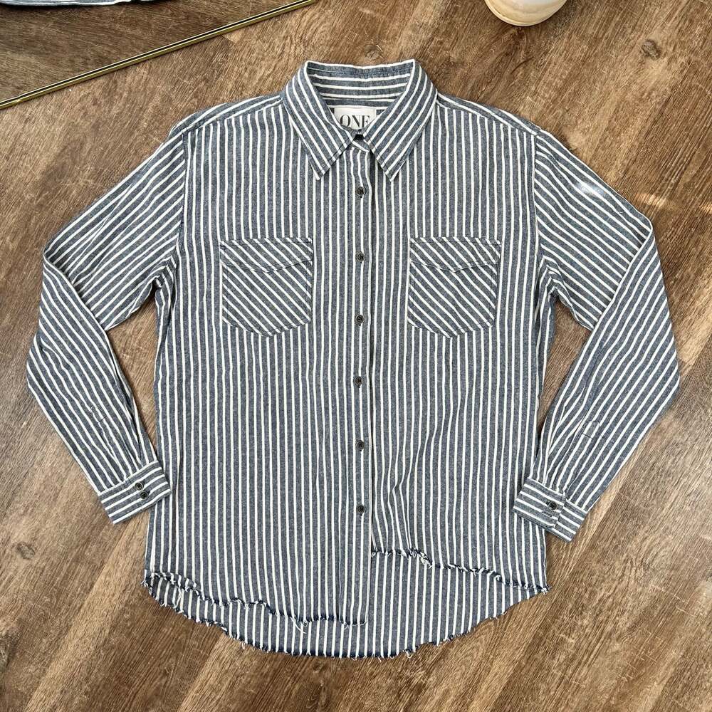 One X One Teaspoon Striped Asymmetric Button Up Fray Hem Shirt